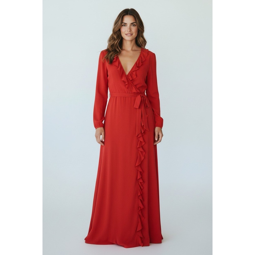 NWT GOAT 100% Silk Hollywood Red Crepe De Chine Ruffle Wrap Maxi Dress Tie 6